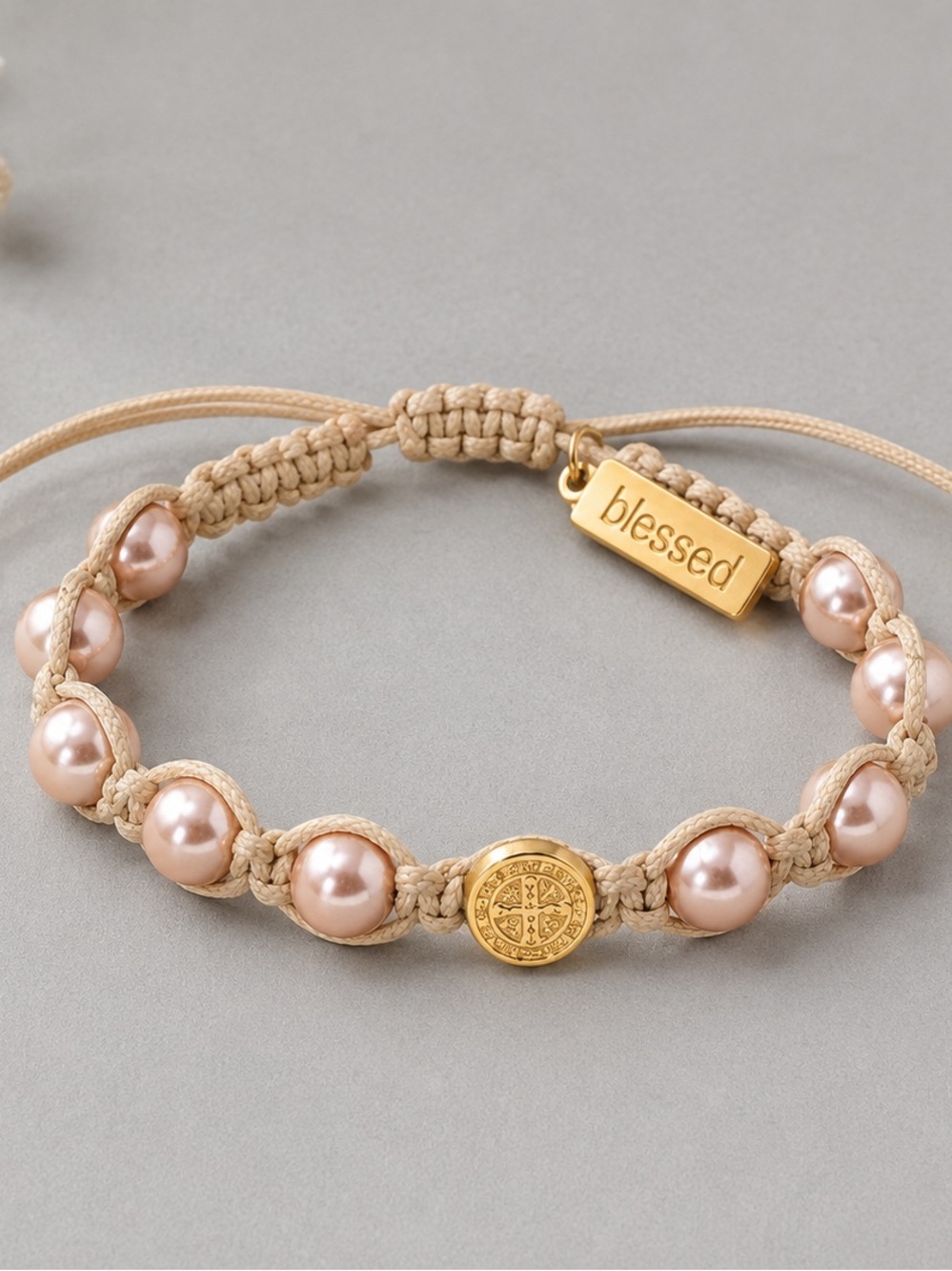 Divine Blessings Cream Macrame Beaded Bracelet Gold Tone Cross Medallion